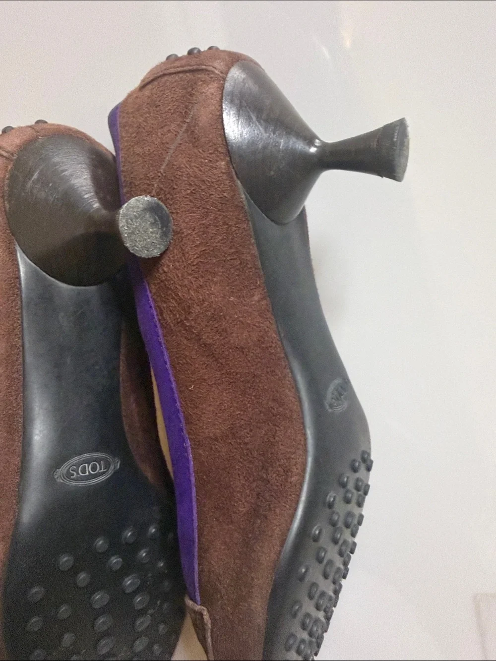 Tod's Brown Suede Heels with Purple Trim